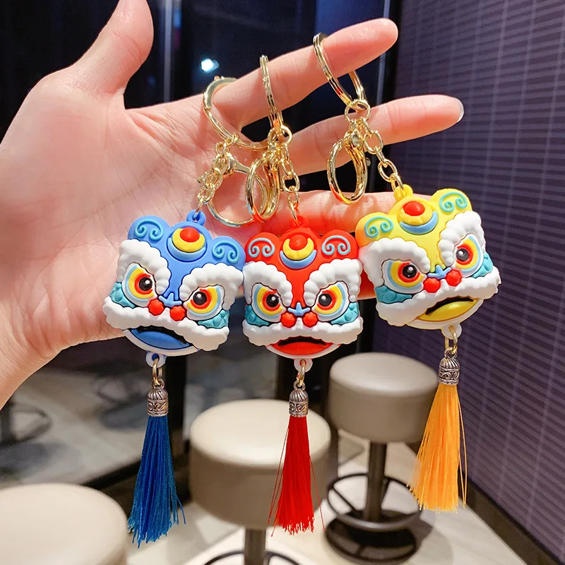 Cute Creative Chinese Style Lion Dance Cartoon Lion Dance Head Keychain  Car Key Chain Couple Bag Pendant Small Gift Doll