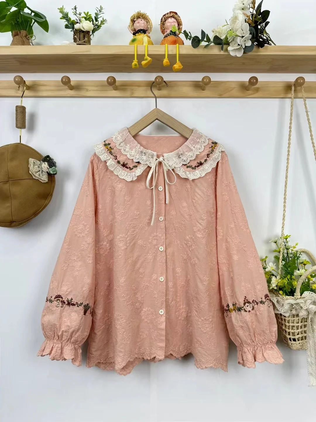 Mori kei clothing sweet lolita clothing lace collar pink beige embroidery shirts and blouses women  vintage Japanese clothing