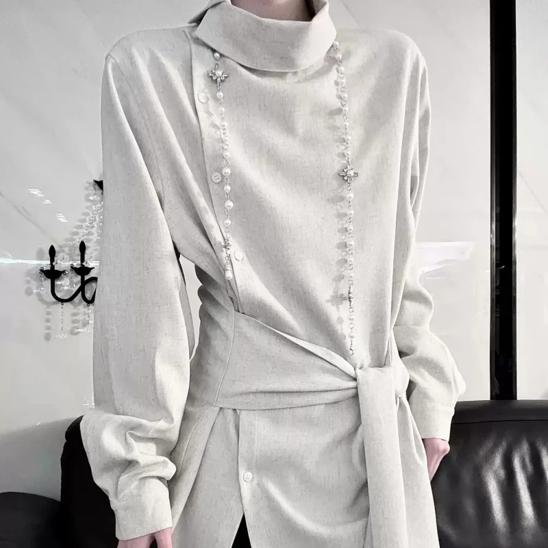 

Оригинальная дизайнерская рубашка-кардиган унисекс с воротником-стойкой и поясом, повседневная, на пуговицах, с косым кроем, весенняя, с длинными рукавами, в стиле пэчворк