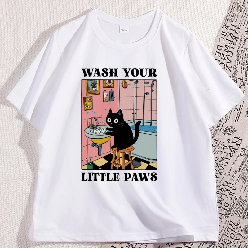 

Wash Your Little Paws Cat Print T Shirt Man Retro Cat Bathroom T-shirts for Men Women Cool Cotton Tees Comfortable