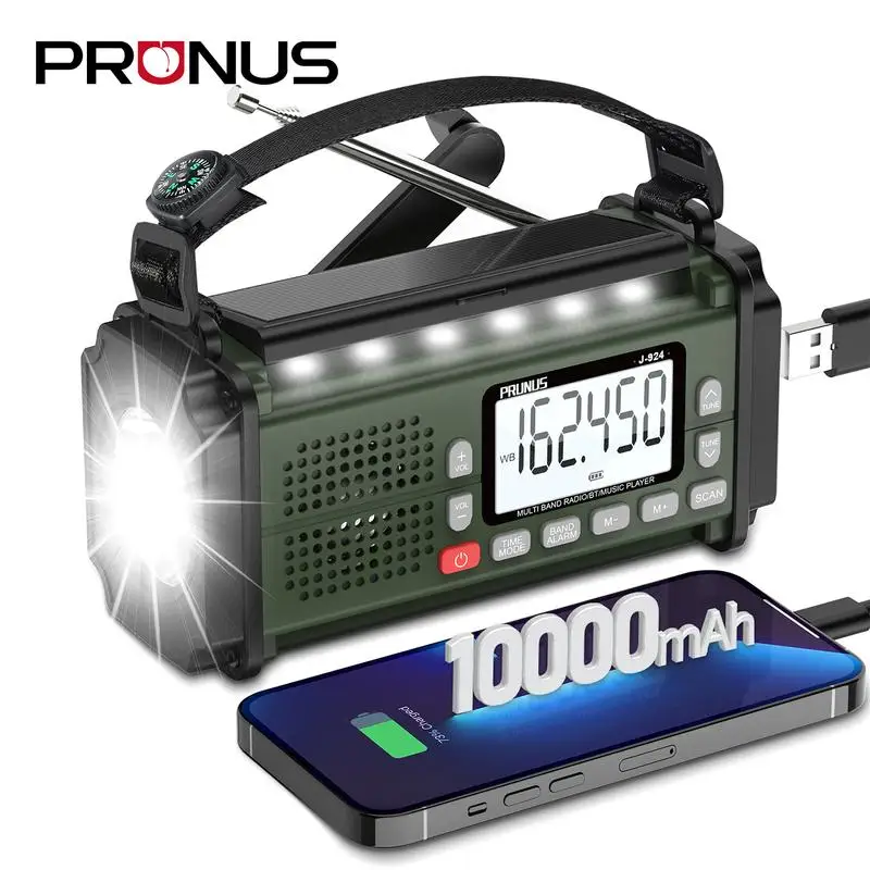 2024 New Arrival PRUNUS J-924 Hand Crank Emergency Radio 10000mAh Power Bank Solar AM/FM/SW NOAA Audio for Camping