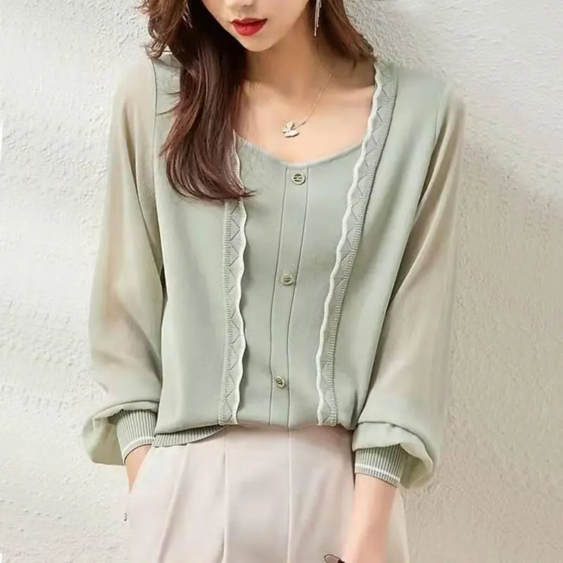 

Elegant O-Neck Button Knitted Spliced Gauze Blouses Women's Clothing 2024 Autumn New Loose All-match Tops Office Lady Shirts