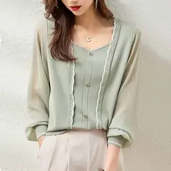 Elegant O-Neck Button Knitted Spliced Gauze Blouses Women's Clothing 2024 Autumn New Loose All-match Tops Office Lady Shirts