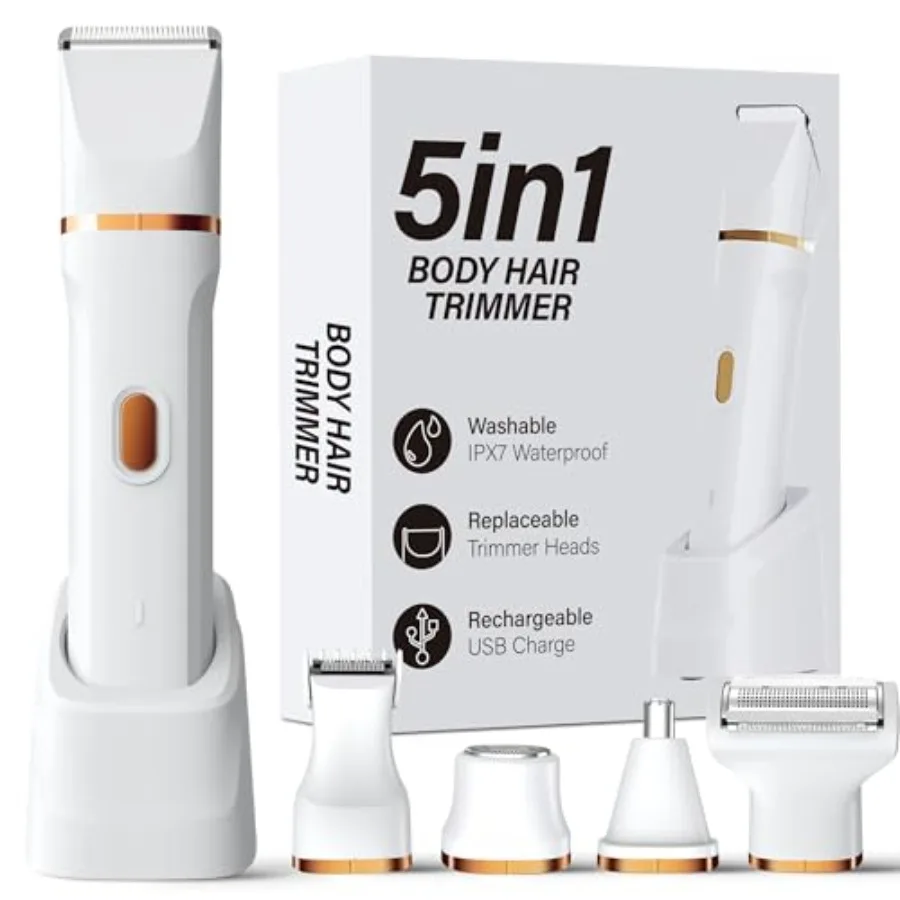5-in-1 Electric Bikini Trimmer for Women IPX7 Waterproof Shaver, Cordless Body and Facial Razors for Women, Ceramic Blades, USB
