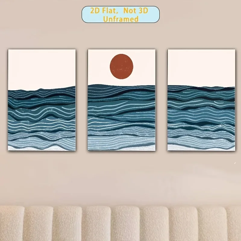 2D Flat, 2D Flat, 3pcs, Frameless, 3pcs Canvas Art Prints (Frameless), Abstract Wave And Sun Design (Art Deco, Classic, Moder