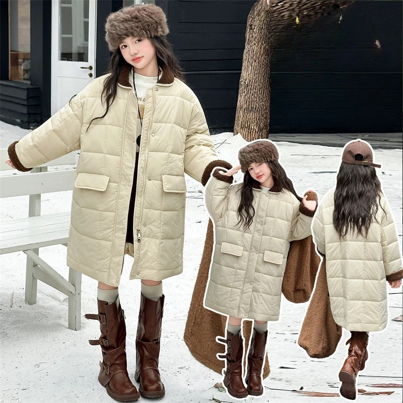 winter teen girls color blocked lapel Thick cotton jcaket junior kids long Plush collar outerwear child Parkas coat overwear 6-8