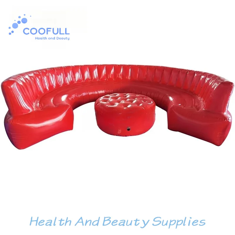 Coofull Customized Logo Red Half Circle Inflatable Airtight Sofa Furniture for Party, Inflatable Round Sofa With Table