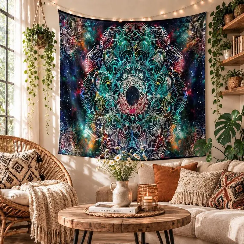 VIKAMA Wall Tapestry Boho Peacock Feather Mandala Navy Blue Art Home Decor Living Room Bedroom Dorm Aesthetic Print Soft Durable