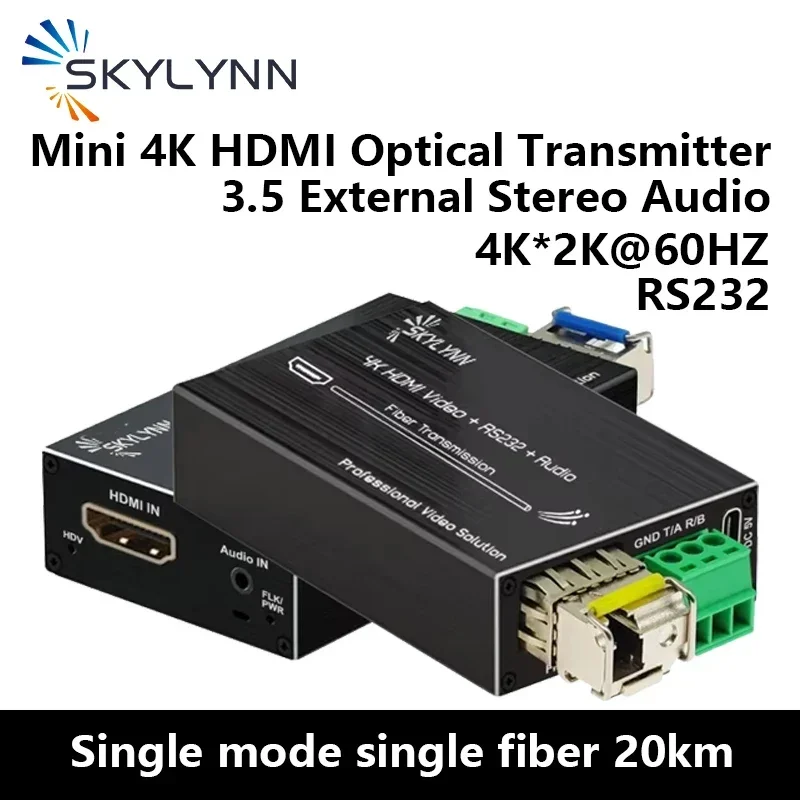 Mini 4K HDMI Fiber Extender - 4K HDMI Video Optical Transceiver with External Stereo Audio and RS232 Resolution 4K*2K@60Hz 20km