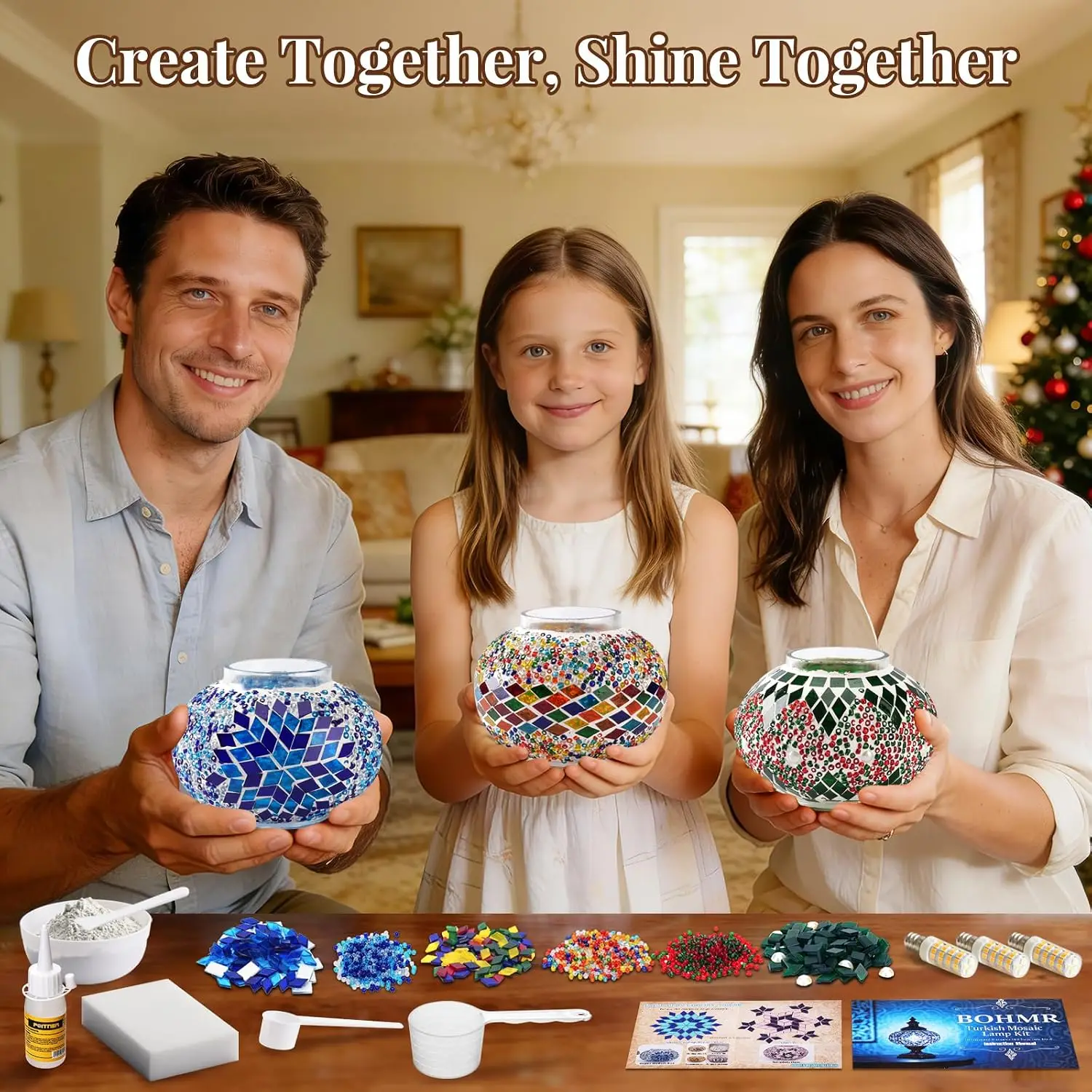 DIY 3 Globe Turkish Mosaic Lamp Kit, 23"H Stained Glass Table Lamp Making Kit-Easy & Fun, No Experience Needed, Mosaic Art & Craft Project Kits for Adults & Teens, Make Your Own Lamp,Multicolor view 3