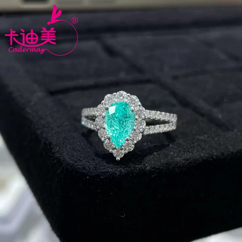 

6x8mm Pear Cut Neon Blue Paraiba Color Lab Grown Yttrium Aluminum Garnet With Inclusions YAG S925 Silver Rings For Women Jewelry