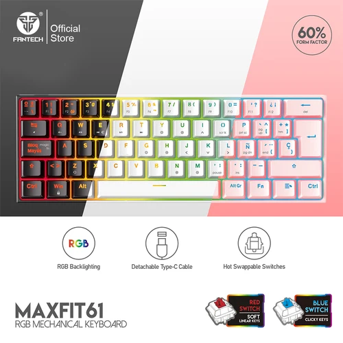Imagen 1 del producto FANTECH MAXFIT61 Teclado mecánico español 60% teclado para juegos por cable intercambiable en caliente teclado Macro con Cable desmontable tipo C