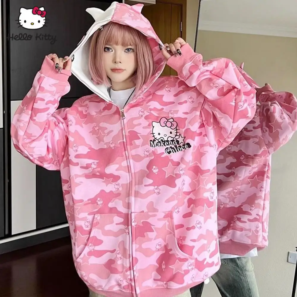 Y2K Hello Kitty Hooded Hoodie Couple Outfit Cotton Cardigan Jacket Sanrioed Cute Anime Spring Camouflage Coat Men Women Student