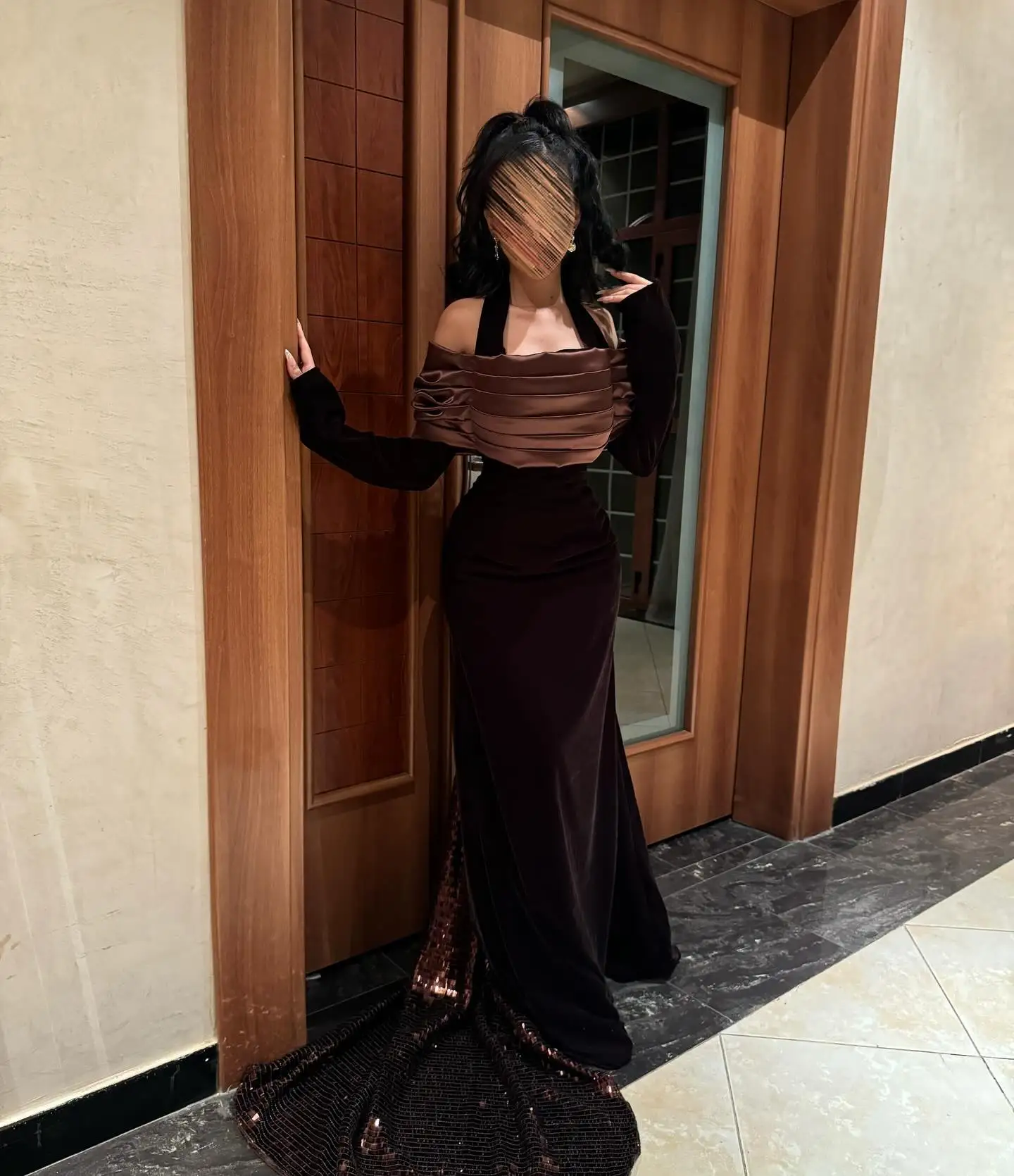 Customized Temperament Mermaid Halter Off the Shoulder Sequined Evening Dress Graceful Pleats Long Sleeves Vestido De Festa