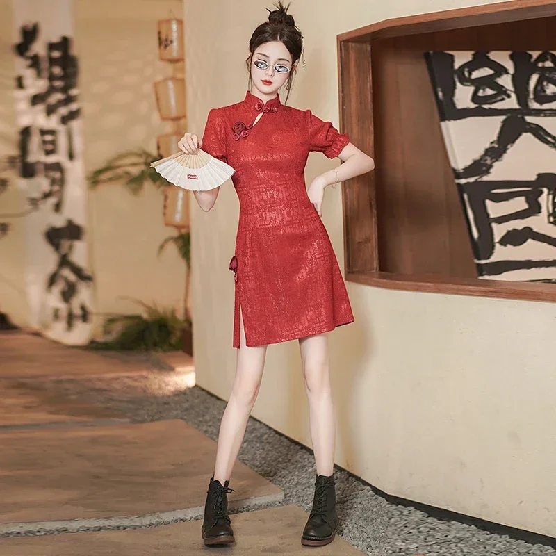 Chinese Style Retro Red Festive Toast Qipao Dress Clothing Summer New Lace Improved Young Short Cheongsam