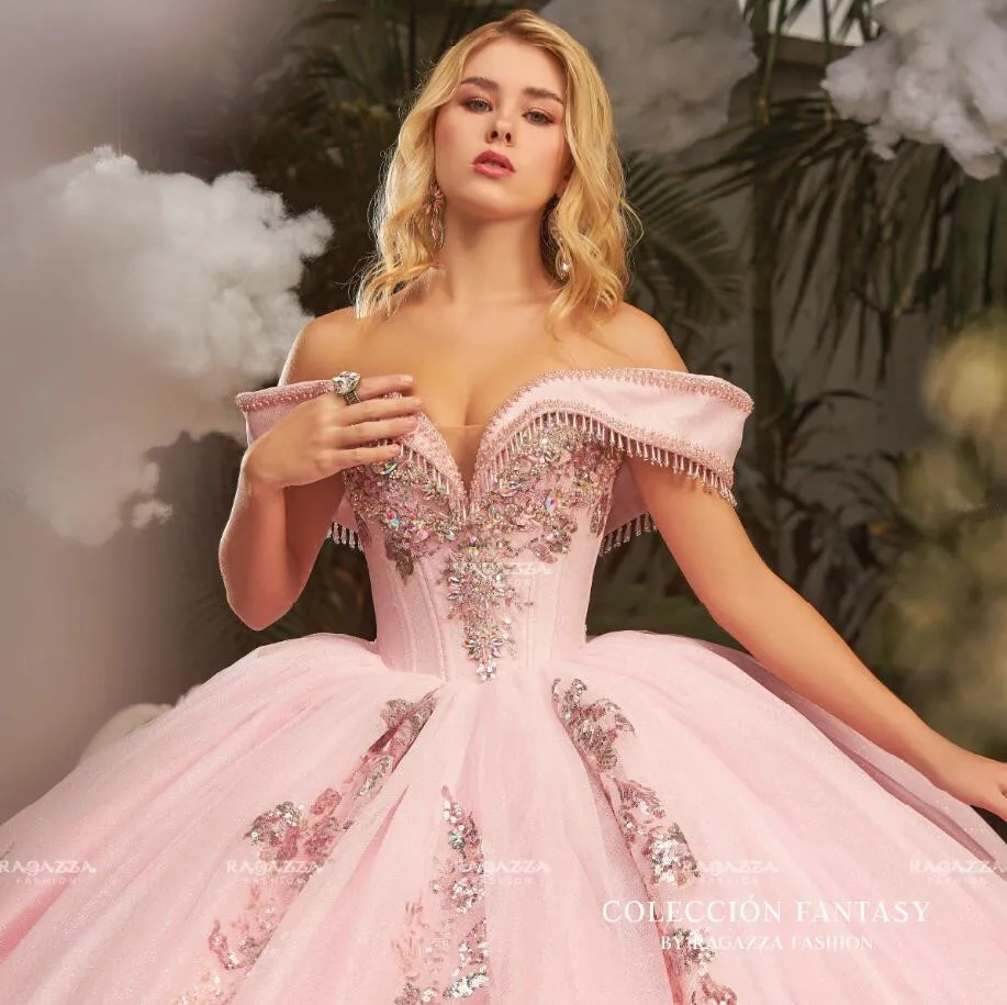 Fantasy Pink Quartz Princess Quinceanera Dresses Sparkly Off Shoulder Tassel Gillter Applique vestidos de 15 quinceañera 2024