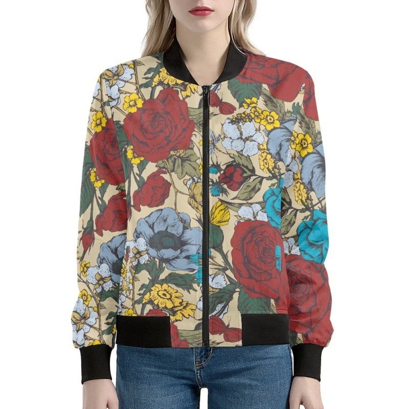 Neueste Blumen Muster 3d Jacke Frauen Harajuku Hip Hop neuen Stil Hoodies lässig Stand Kragen Reiß verschluss Sweatshirt Mantel weibliche Tops