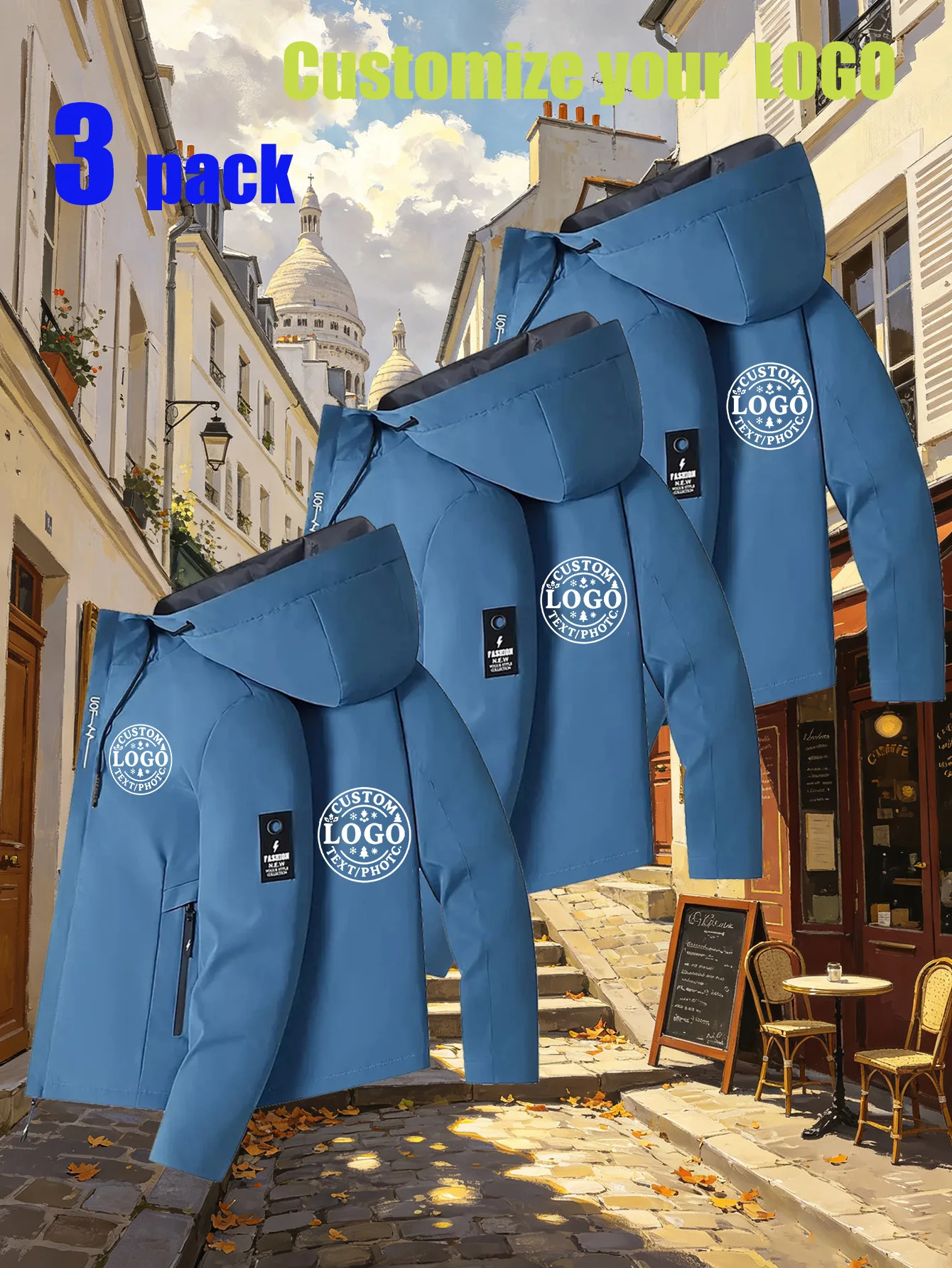 3-piece men's custom-logo hooded jacket. You can customize the logo yourself. Casual coat