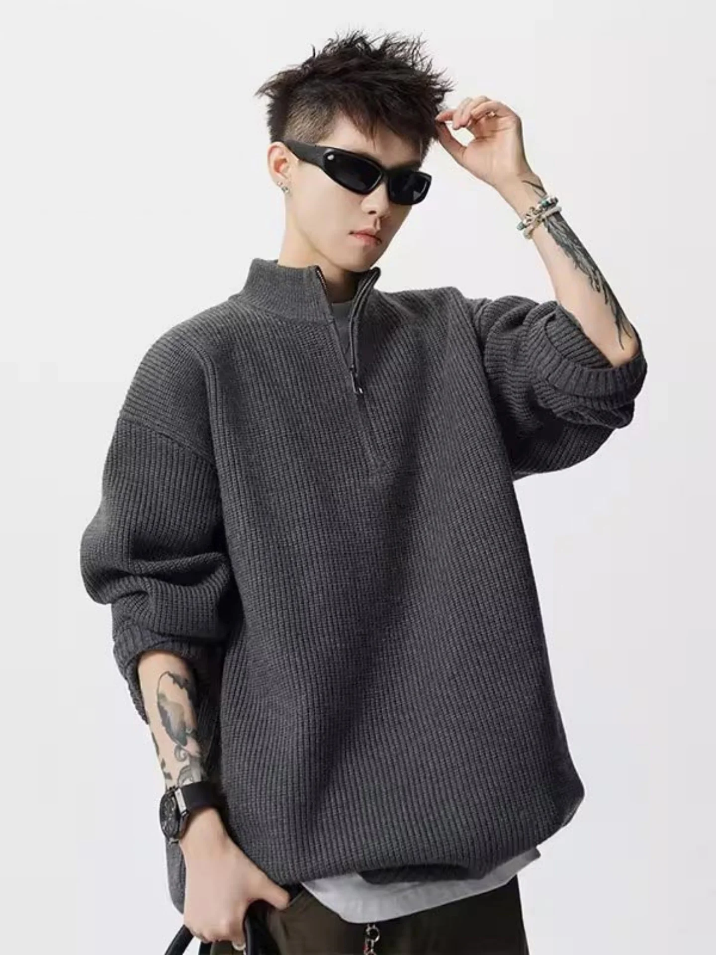 

Мужской вязаный свитер свободного кроя на молнии в американском ретро-стиле, повседневный, для отдыха на природе, из полиэфирного волокна