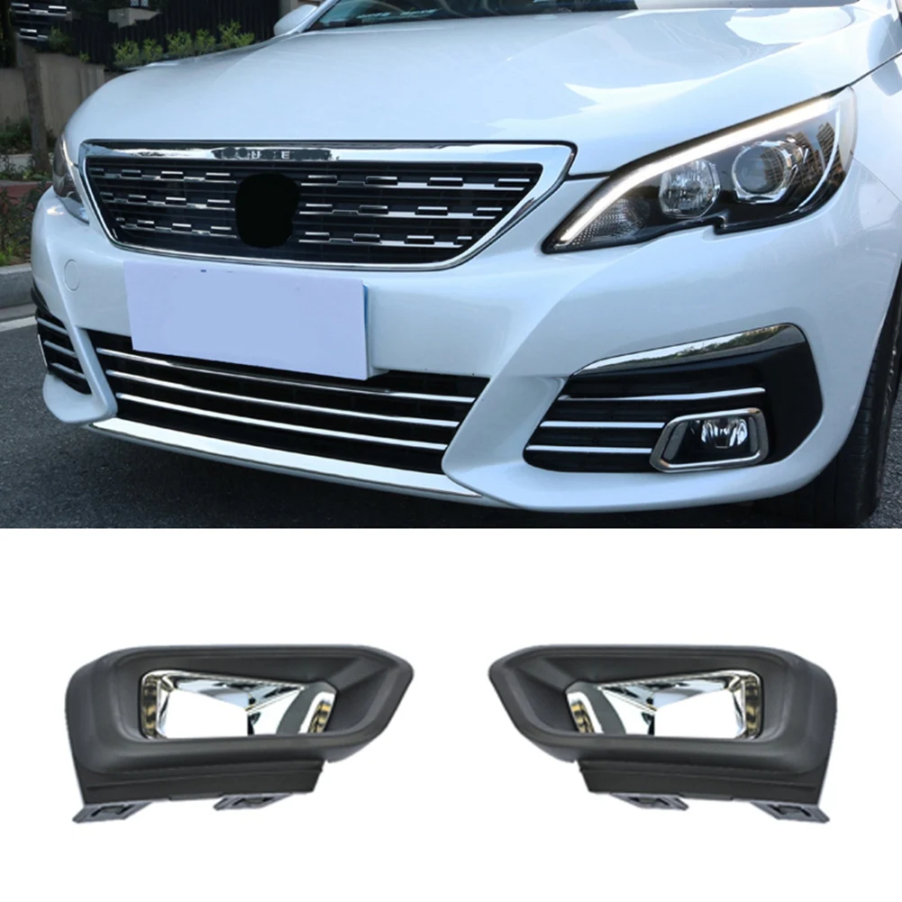 1Pair Car Front Bumper Fog Light Cover Bezel Grille with Chrome Frame for Peugeot 308 GT Line 2016 2017 2018 2019