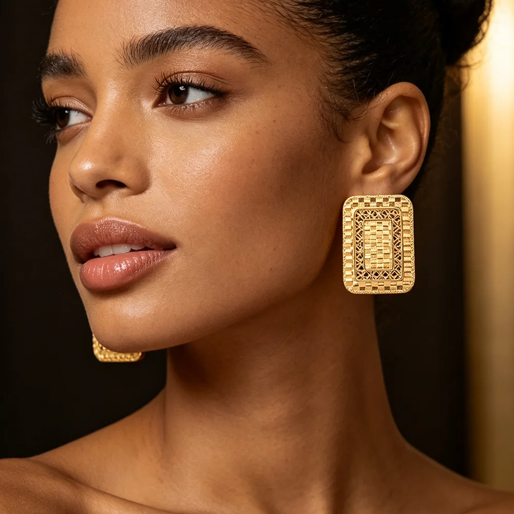 18K vergoldetes quadratisches Gitter-Ohrring- und Ring-Set für Damen, luxuriöses Hochzeits- und Brautparty-Accessoire, Geschenk – Detail 6
