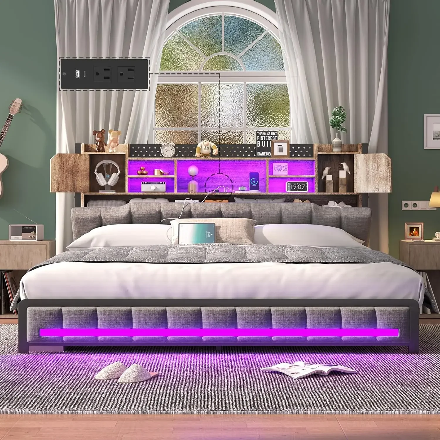 

Queen Bed Frame with 3-Tier Headboard & 2 Hidden Storage, LED Lights Upholstered Bed Frame Queen Size with Charging Station