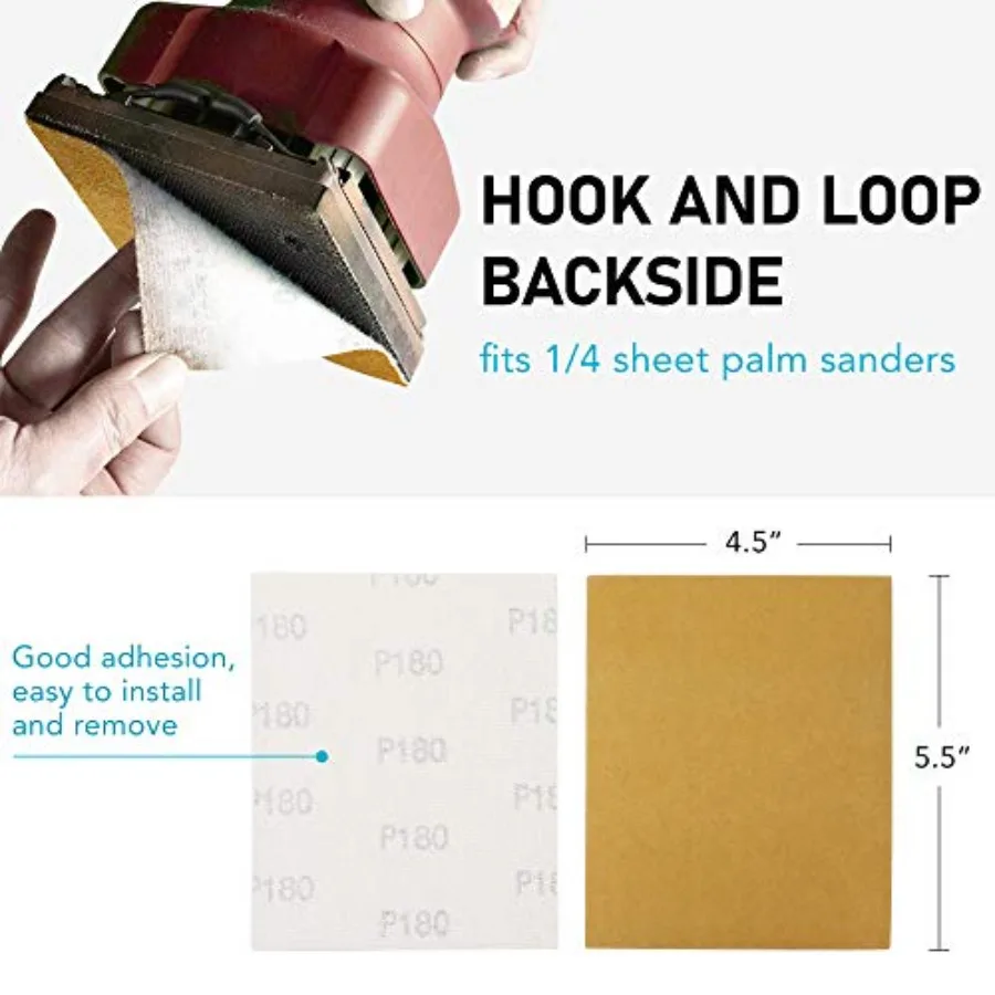 1/4 Sheet Sandpaper for Palm Sander, 50PCS 60-1000 Grit Hook and Loop Sanding Sheets Assortment, Sand Paper for Car and Wood, 5