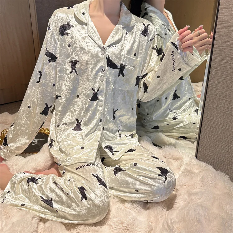 Autumn Winter Pajamas Suit Princess Trousers Set Warm Velvet Sleepwear for Women Print Home Clothes Sexy Loungewear Nightwear