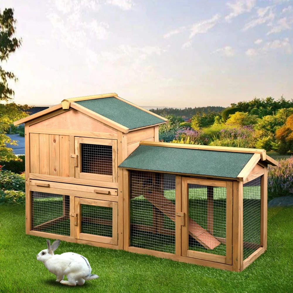 

[US-Stock] 61" Wooden Chicken Coop Hen House Large 2 Layer Rabbit Hutch Poultry Cage Habitat Open Base Fir Wood Color