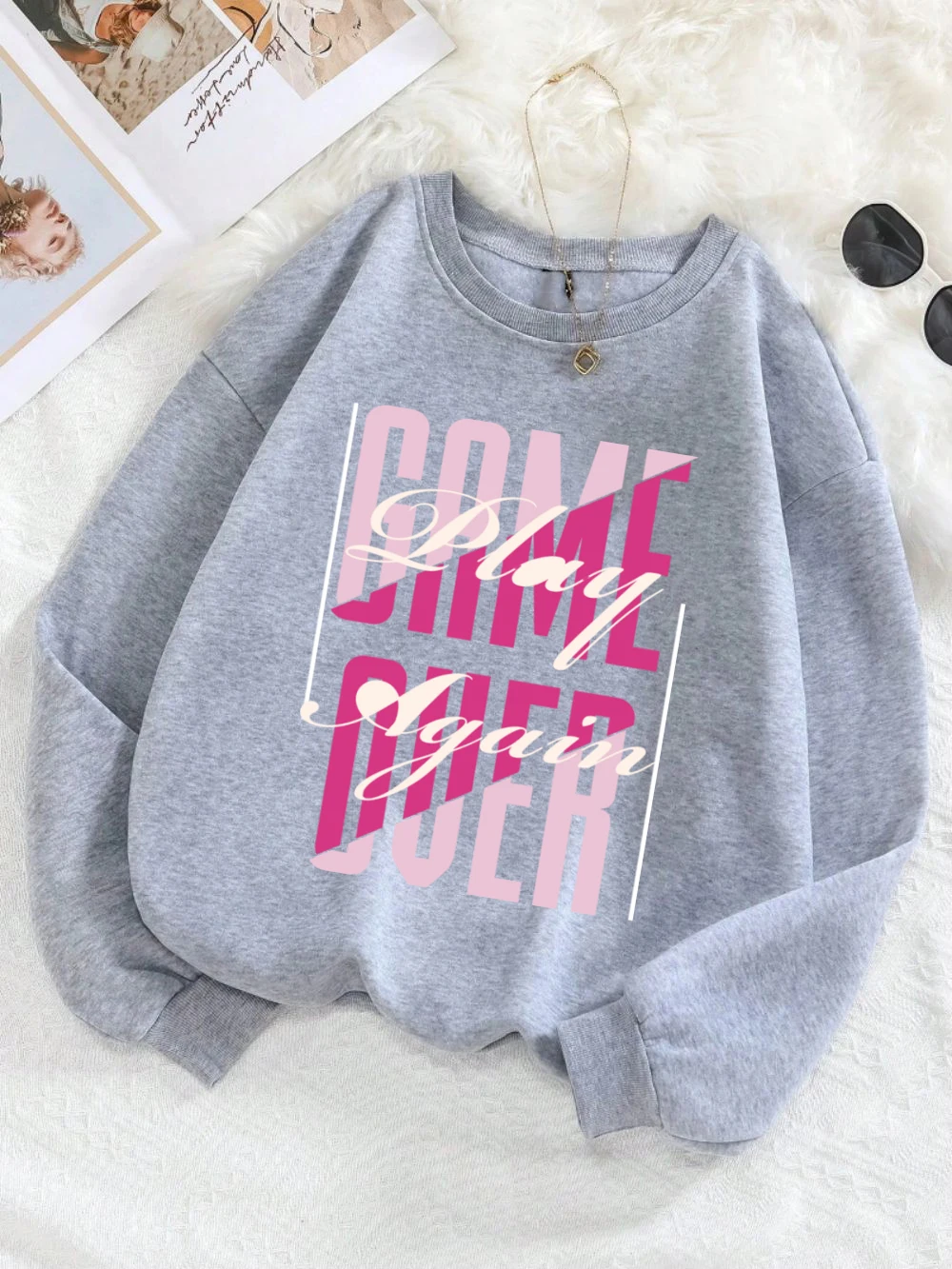 Game Over Play Again Sweatshirt Women Letter Prints Hoodies Crewneck Loose Fleece Warm Tops Fashion Comfortable Woman Clothes