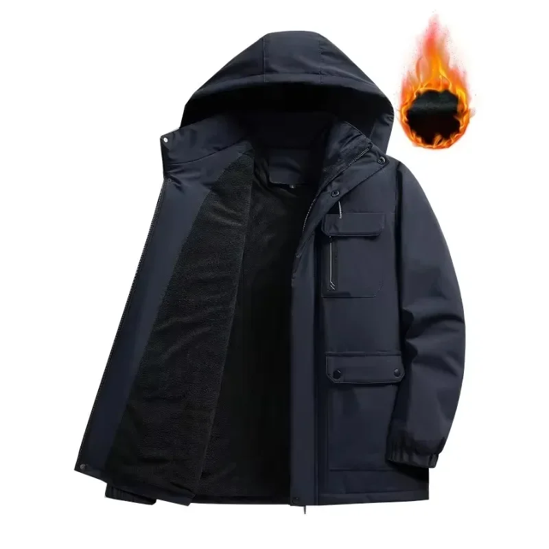 Men's Casual Warm Fleece Multi Pockets Jacket Chic Hooded Coat for Fall Winter Waterproof Jacket