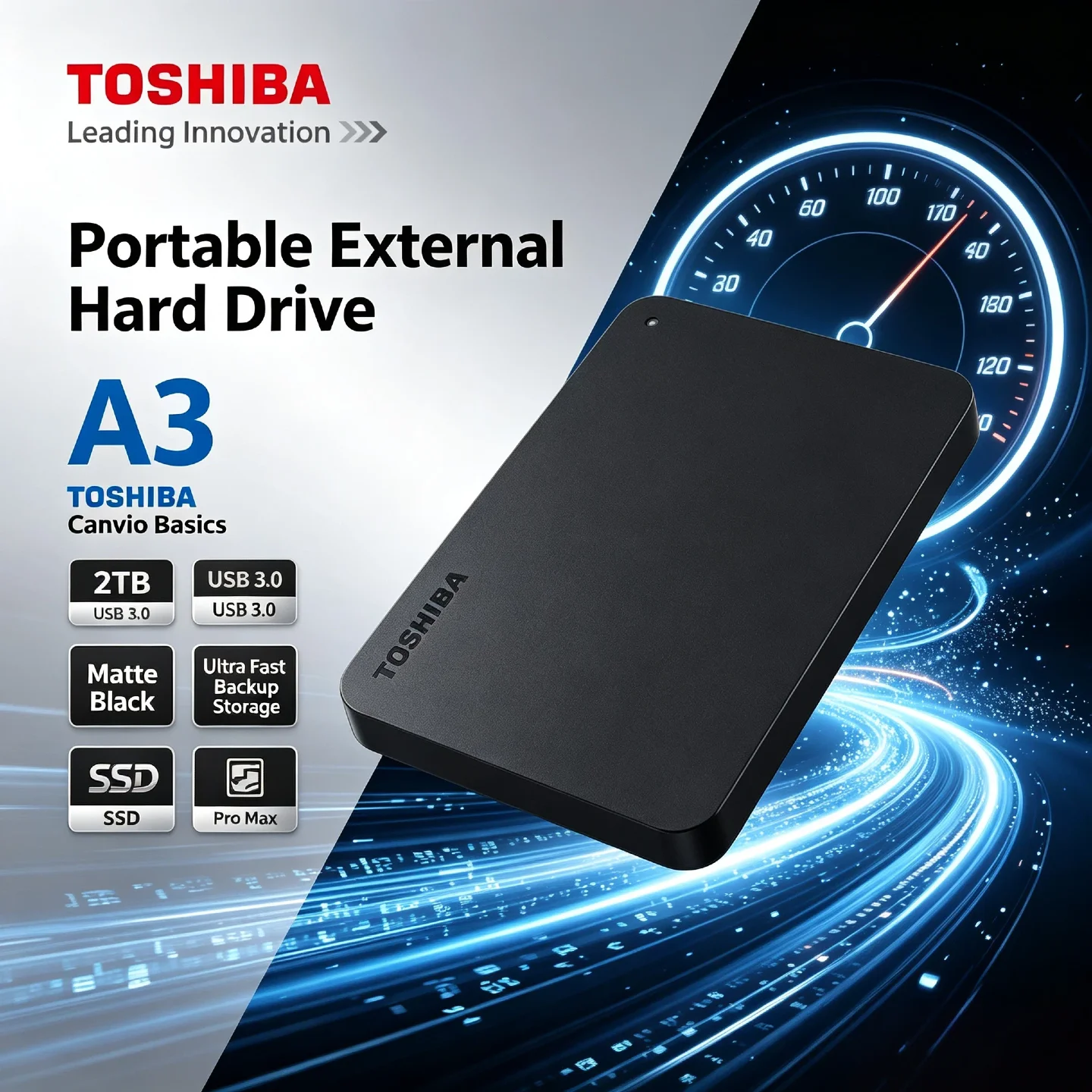 Matte Black Toshiba Canvio Basics A3 2TB Portable External Hard Drive USB 3.0 Pro Max Ultra Fast Backup Storage
