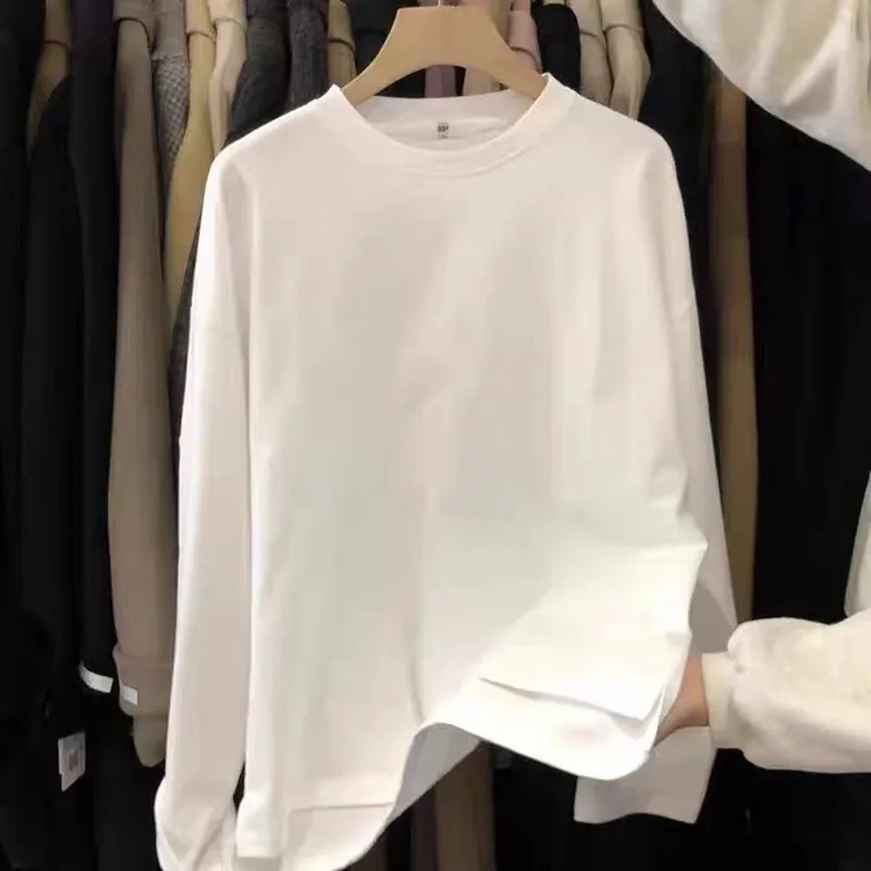 Loose Long Sleeve Women's T-shirt Spring Autumn White Side Slit Bottoming Shirt Euro Size Large Cover Butt Inner Wear
