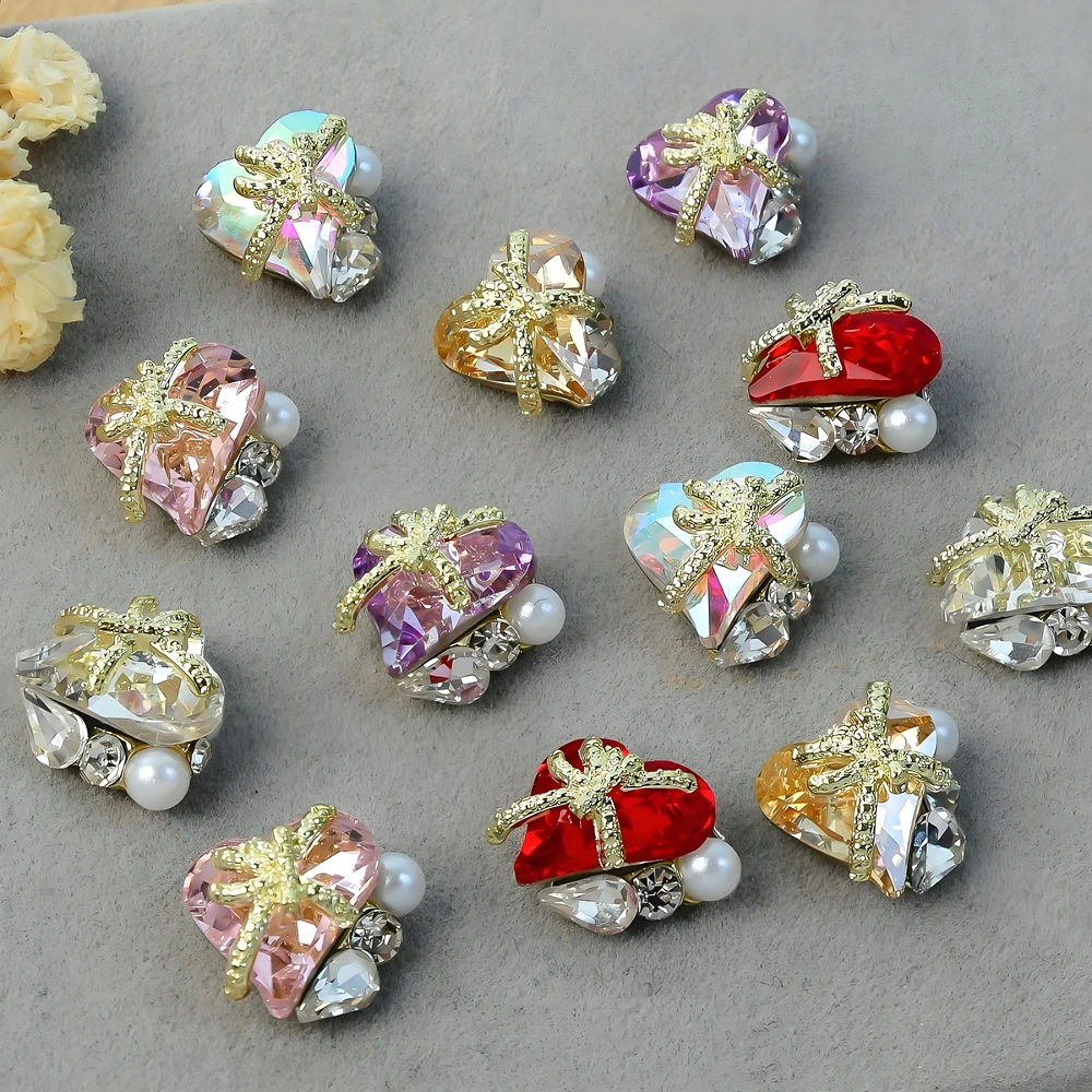 

10PCS 3D Luxury Alloy Love Heart Nail Art Rhinestone Pearl Pile Charms Jewelry Accessories For Nails Decoraion Manicure Supplies
