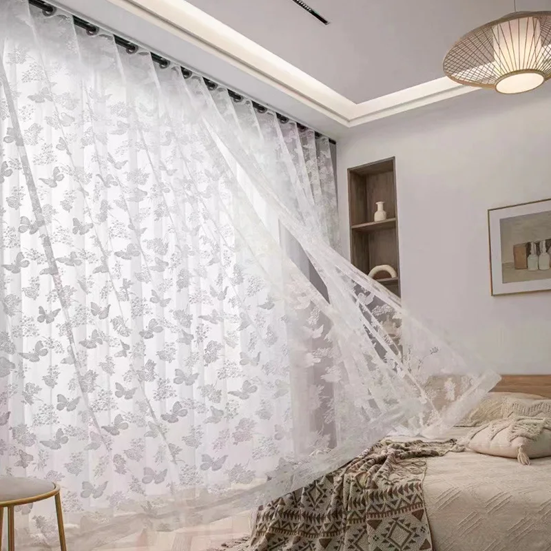 European Butterfly Lace White Tulle Sheer Curtains for Living Room Bedroom Dining Kitchen Window Decor Wedding Luxury Thicken