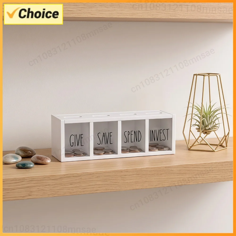 Kids Money Management Box Wood 4 Zone Save Spend Donate Invest Transparent Acrylic Window Magnetic Lid