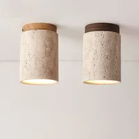 Cylindrical Travertine Ceiling Lamp Real Stone Downlight with E27 Light Bulb
