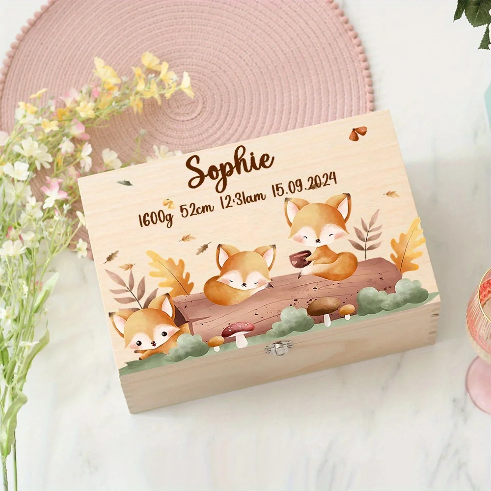 Personalised Keepsake Box Custom Name Memory Boxes Cartoon Animal Print Wood Kid Memories Case Custom Child Birthday Shower Gift