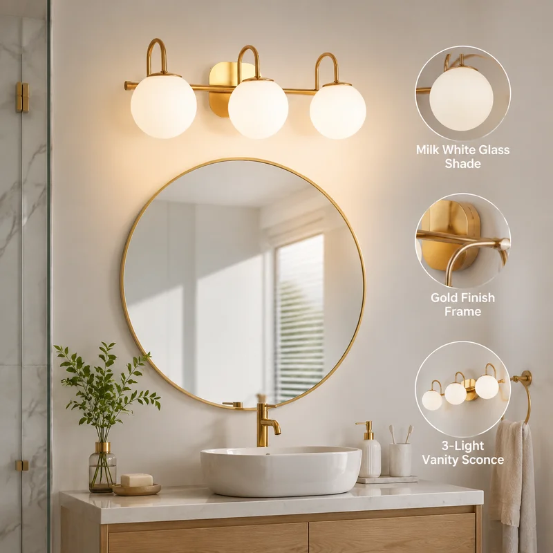 Bathroom Vanity Sconce, New Wall Light with Frosted Glass, Metal Mirror Fixture in Bedroom Living Room Hallway Washroom Lighting