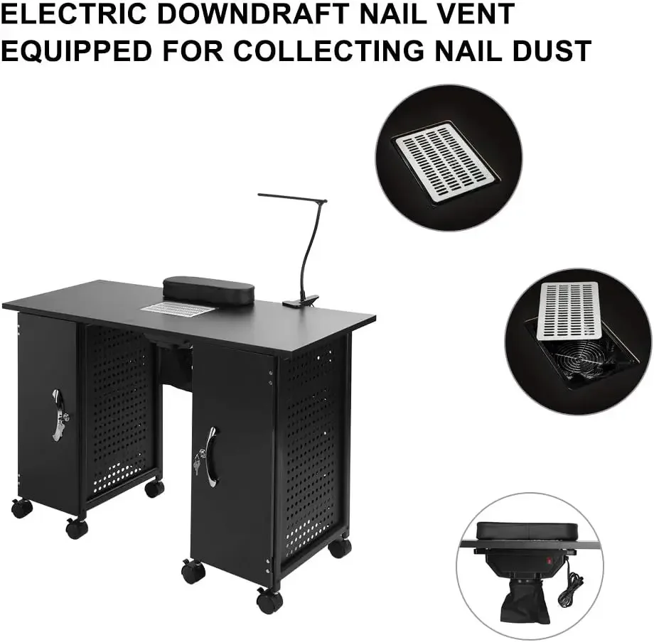 Manicure Table Nail Desk w/Electric Downdraft Vent,Iron Frame Beauty Spa Salon Workstation w/Wrist Rest,Lockable Cabinets,