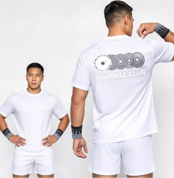2026New Men Crew Neck Gym T Shirt Short Sleeve Barbell Plate Print Tee Weightlifting Fitness Training Casual Summer Workout Tops