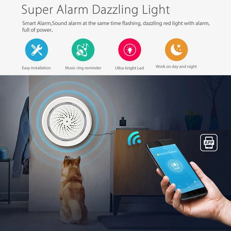 CUSAM Tuya Smart WiFi Siren Alarm 100dB Loud Speaker Built-in 18 Ringtones Strobe Light Alert Home Automation Security System