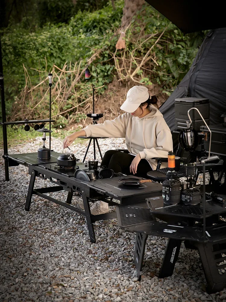Outdoor stove, tea making table, camping multifunctional hexagonal round wooden table, barbecue camping, detachable and foldable