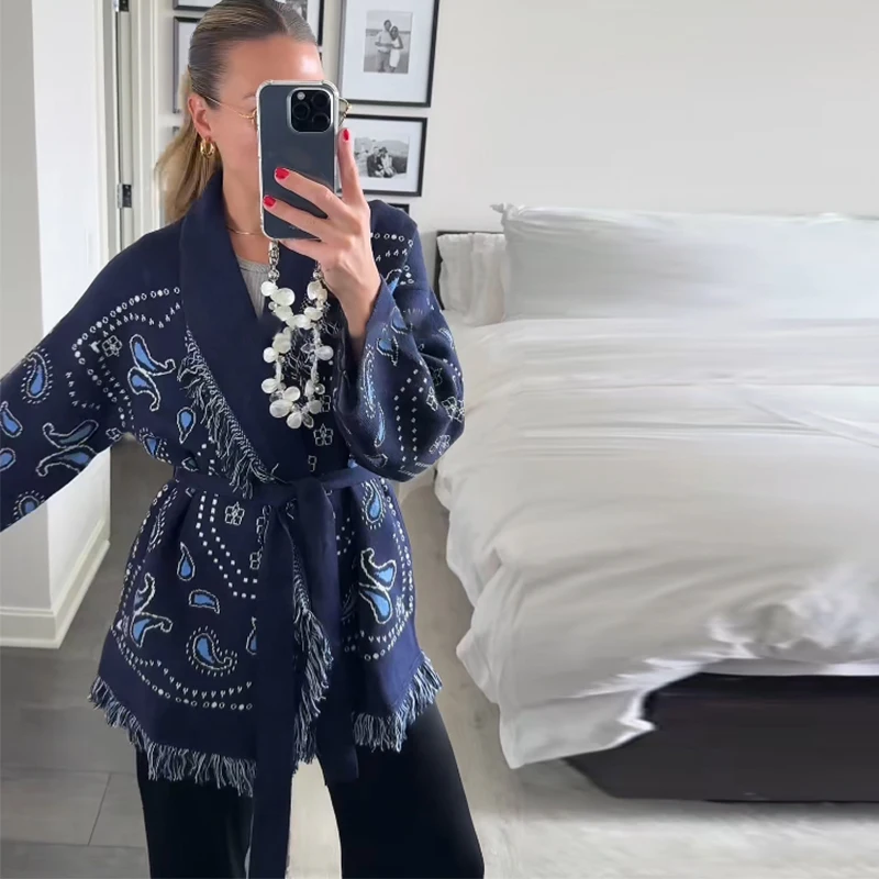 Vintage-Quasten-Druck-Damen-Cardigan mit V-Ausschnitt, Schnürung, volle Ärmel, gespleißte Pullover, 2025, Herbst-Dame, All-Match-Kintwears – Detail 12