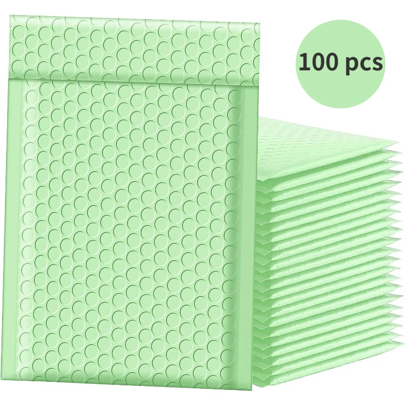 Saco de embalagem PE plástico impermeável, tampão bolha verde, proteção anti-queda, pacote de correio, Envelope, Mailer branco, preto, 100pcs