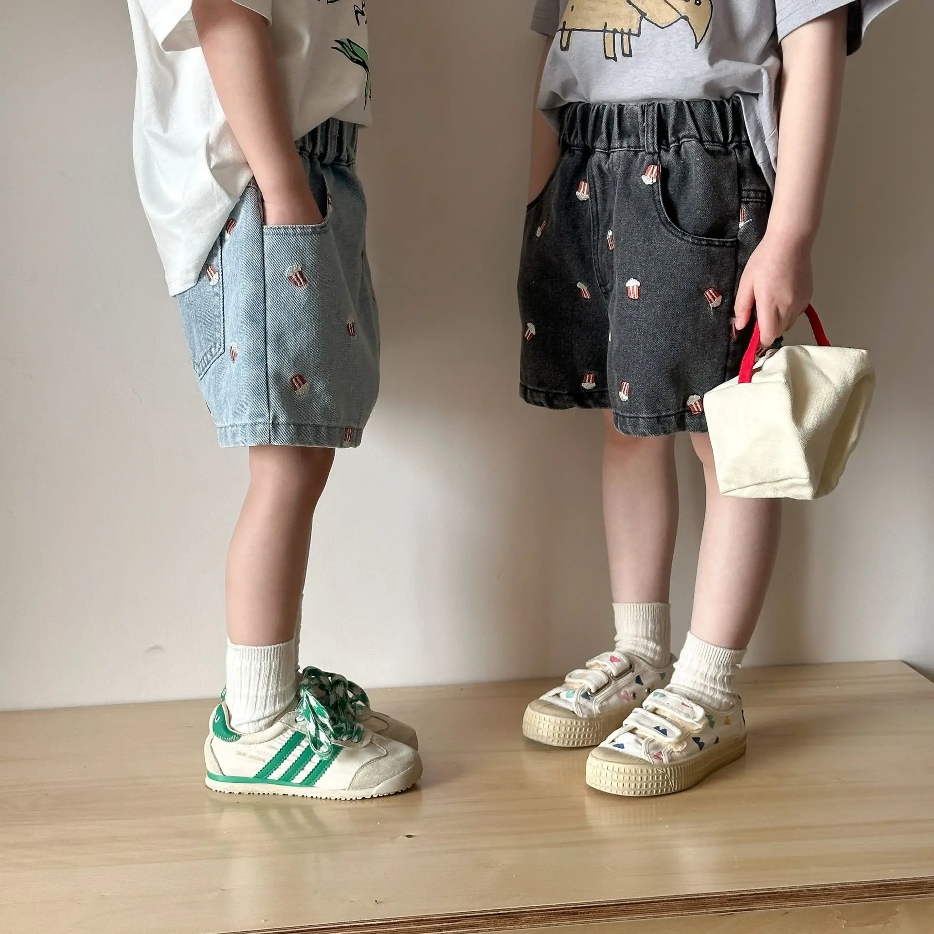 Summer Children's Denim Shorts for Boys And Girls Popcorn Embroidered Baby Casual Shorts Toddler Kids Knee Length Denim Pants