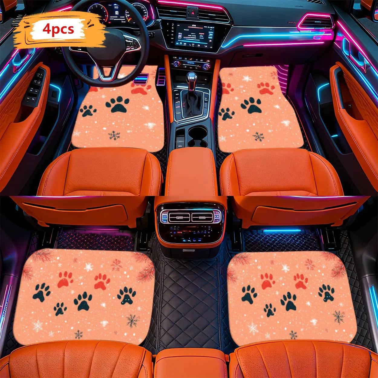 2D Floor Mats Featuring Modern Minimalist Designs With Orange Backgrounds, Cat And Dog Paw Prints, And Snowflakes - Suitable For