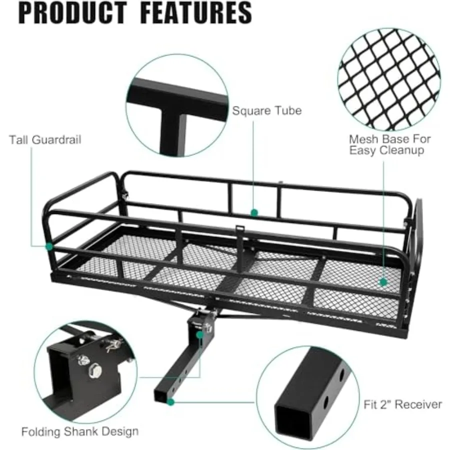 Folding Trailer Hitch Cargo Rack 60 x 24 x 14 Inch Hitch Mount Cargo Carrier with High Side Rails for RV Truck SUV Van 500 lbs