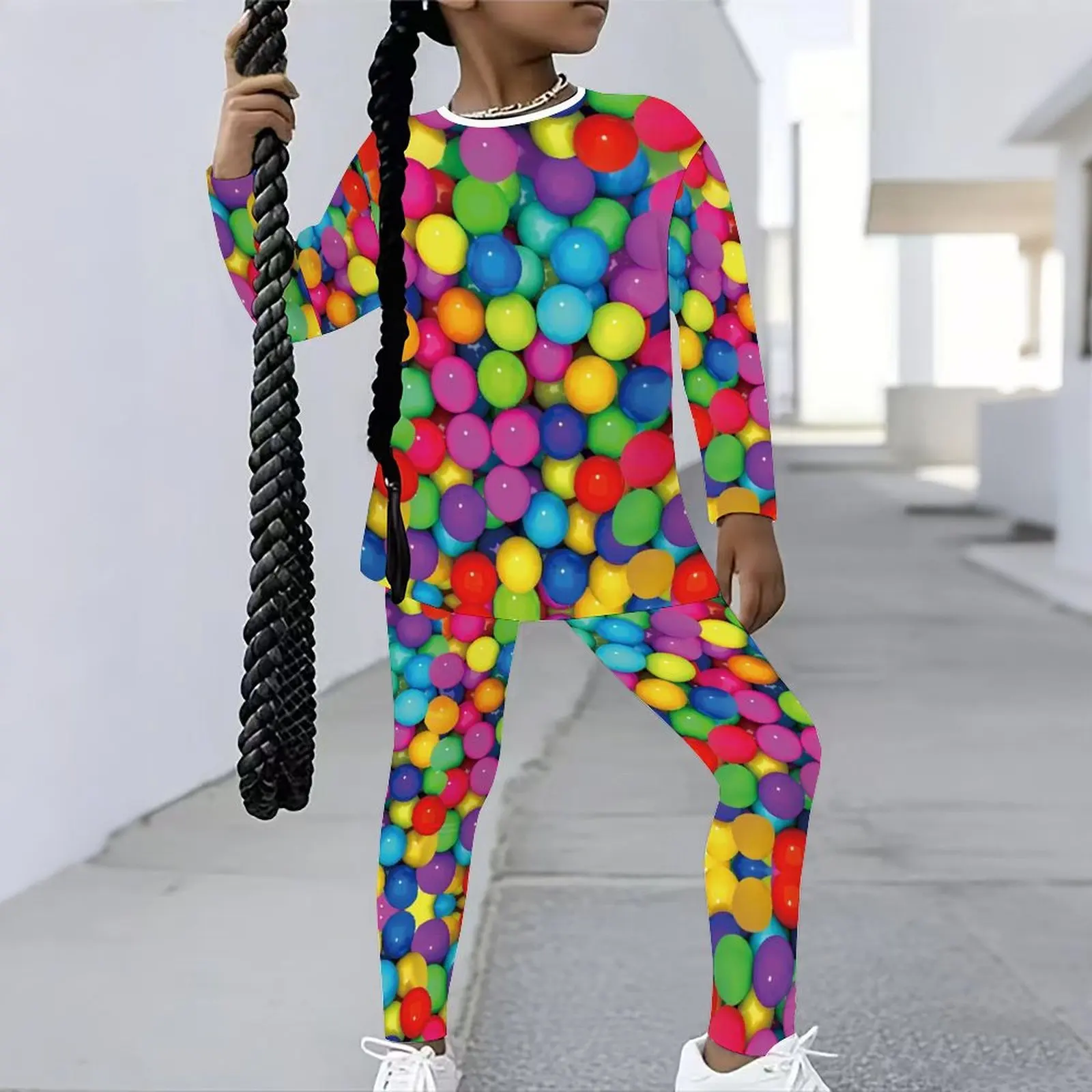Girls Print Long Sleeve Round Neck Top Cute Two-Piece Casual T-shirt Autumn Leggings Winter Jogging Pants