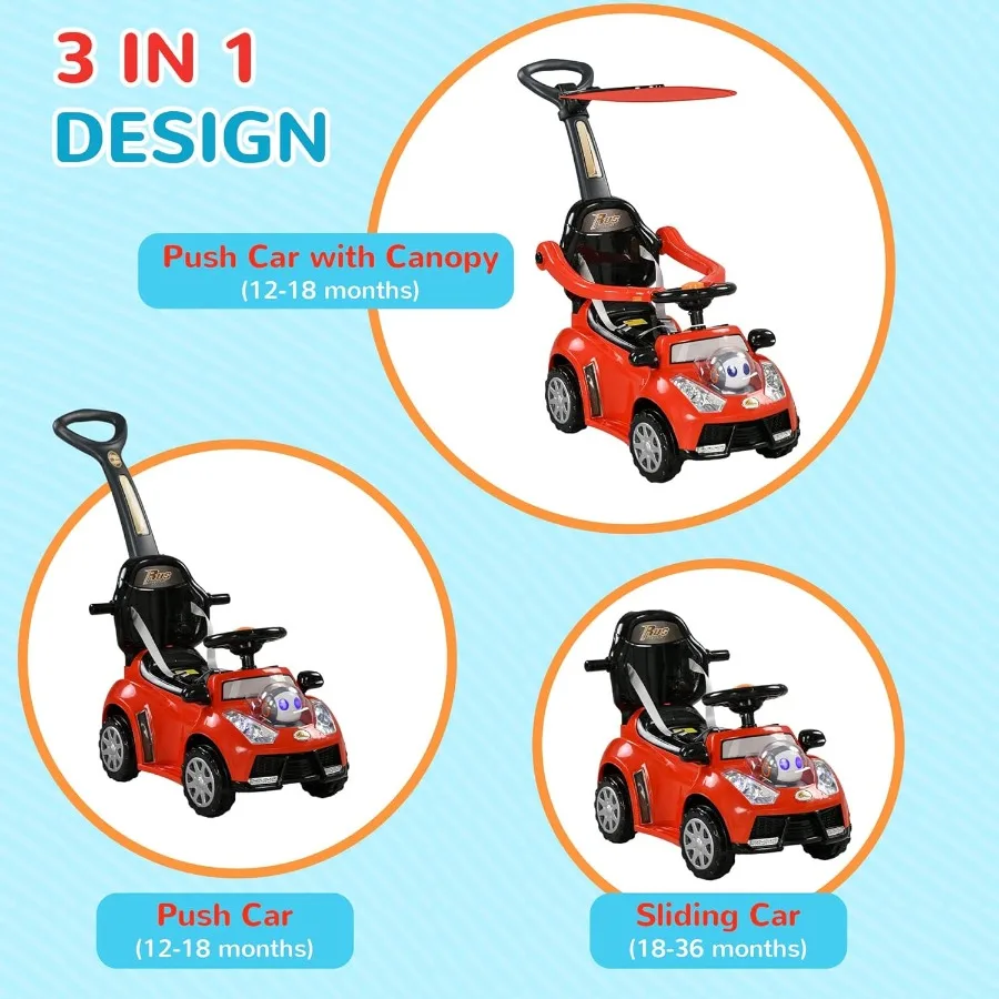 Push Car for 1-3 Years 3 in 1 Ride on Sliding Car Foot to Floor Baby Push Car with Removable Handle Music Horn Canopy Safety Gu